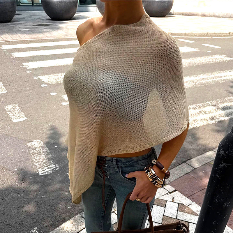 Women Clothing Summer Sexy Elegant Woolen Slant Shoulder Loose Top