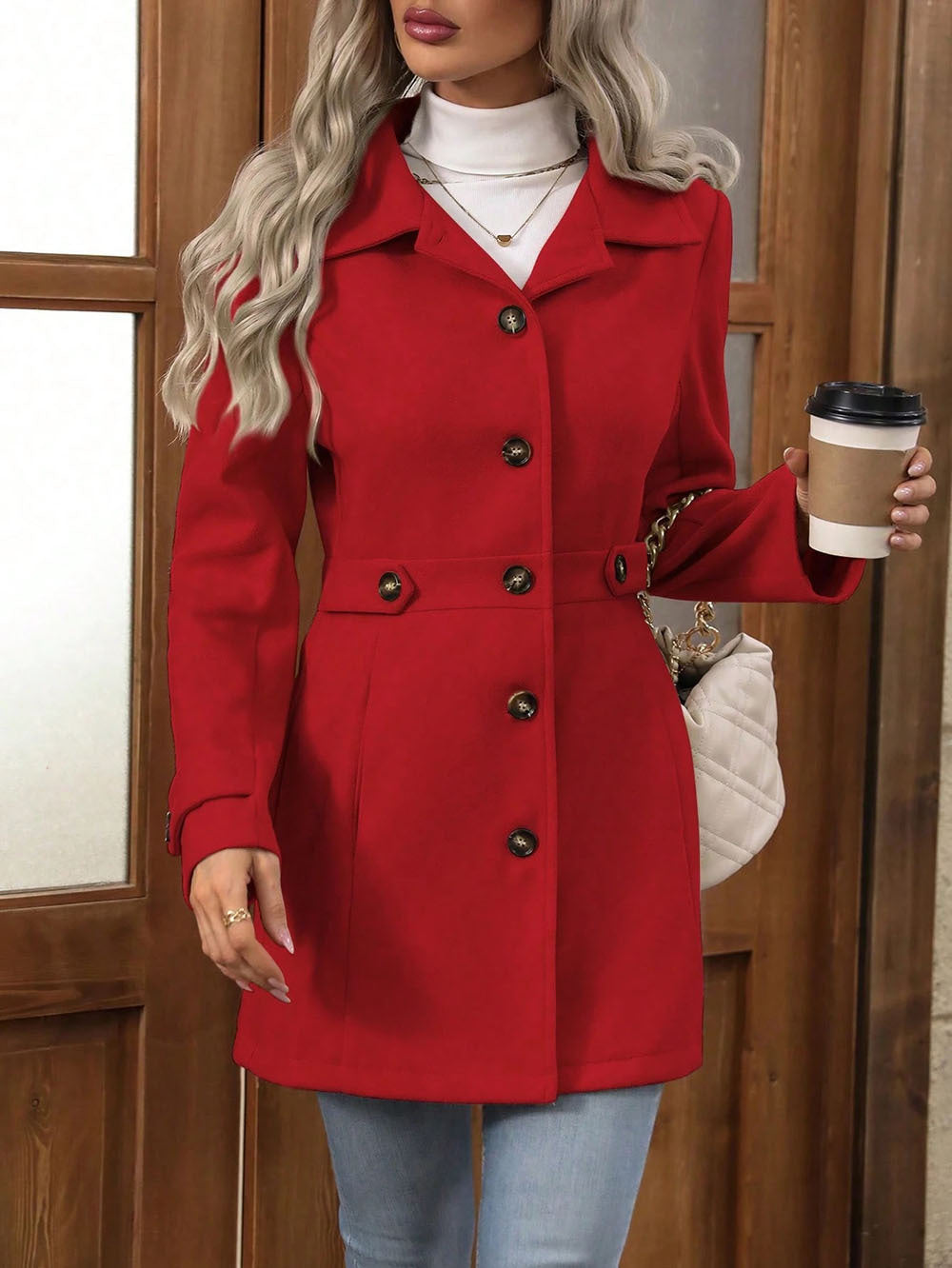 Autumn Winter Collared Women Woolen Slim Fit Coat