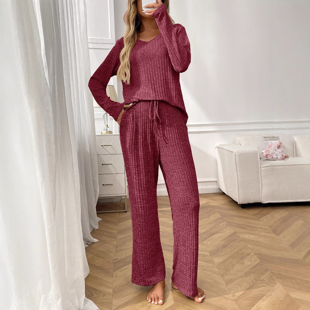 Women Clothing Sunken Stripe Pajamas round Neck Long Sleeve Trousers Home Wear Set
