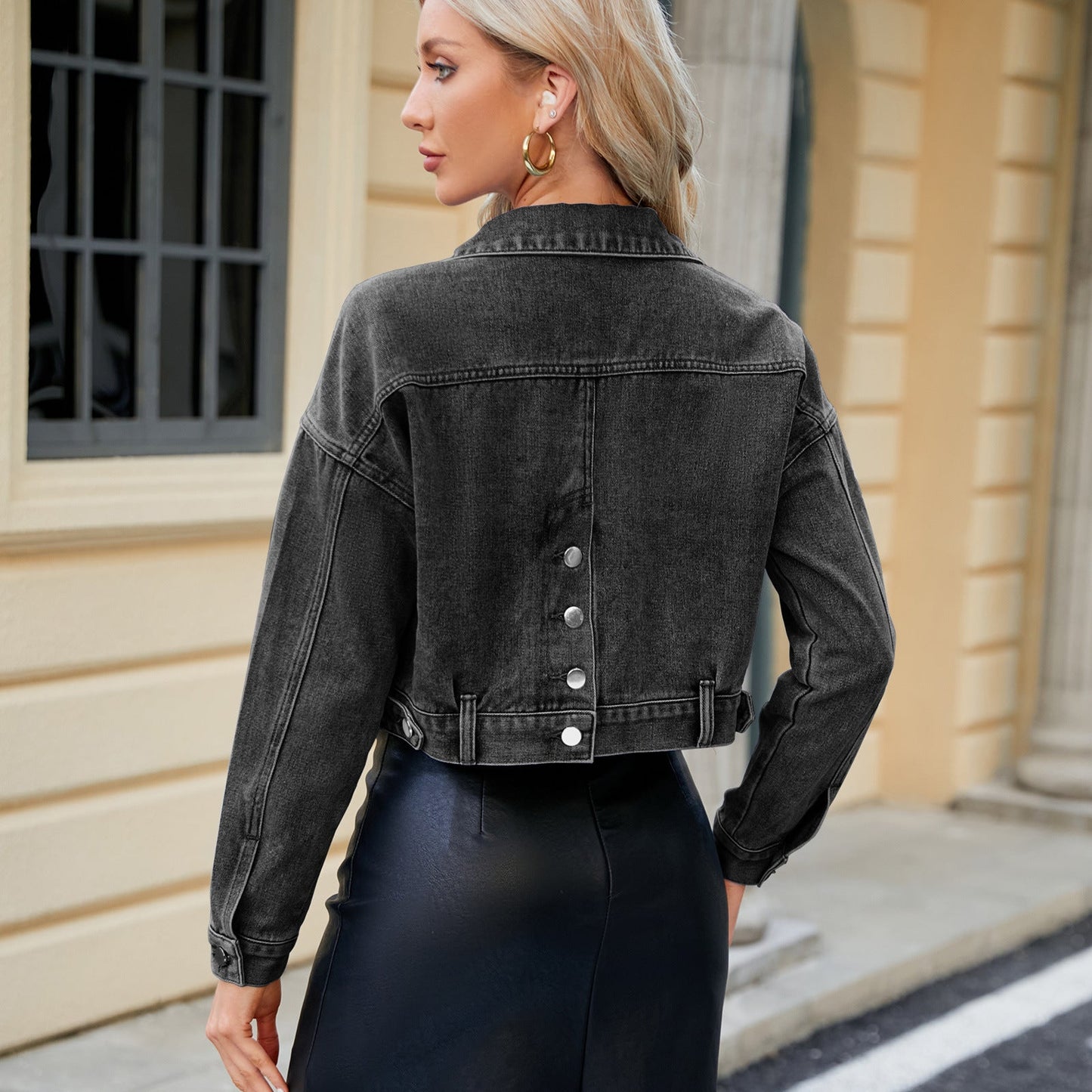 Women Spring Washed Slim Fit Short Long Sleeve Denim Coat Top
