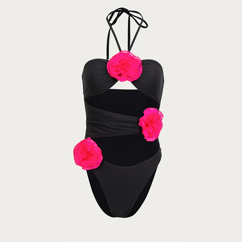 Sexy Solid Color Halter Tether Three Dimensional Floral Design One Piece Swimsuit Swimwear