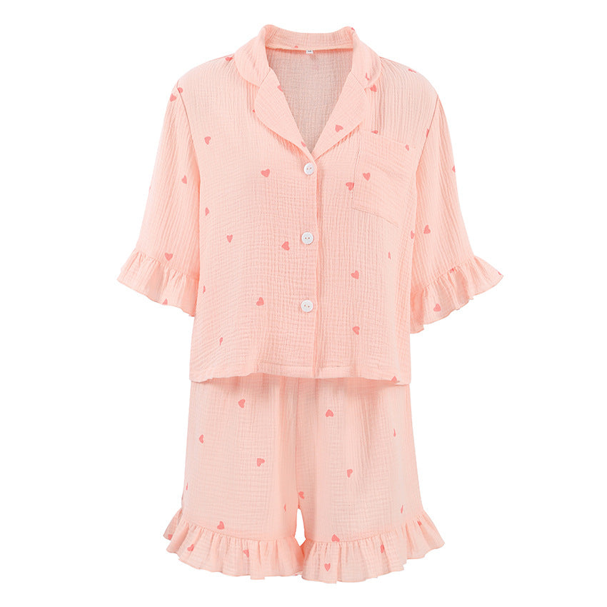 Summer Women Pajamas Crepe Cotton Heart Printing Short Sleeved Shorts Two Piece Home Wear