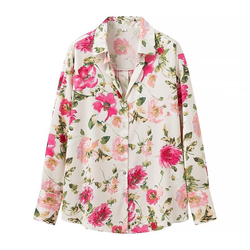 Summer Vacation Printed Silk Satin Texture Collared Long Sleeve Shirt Women