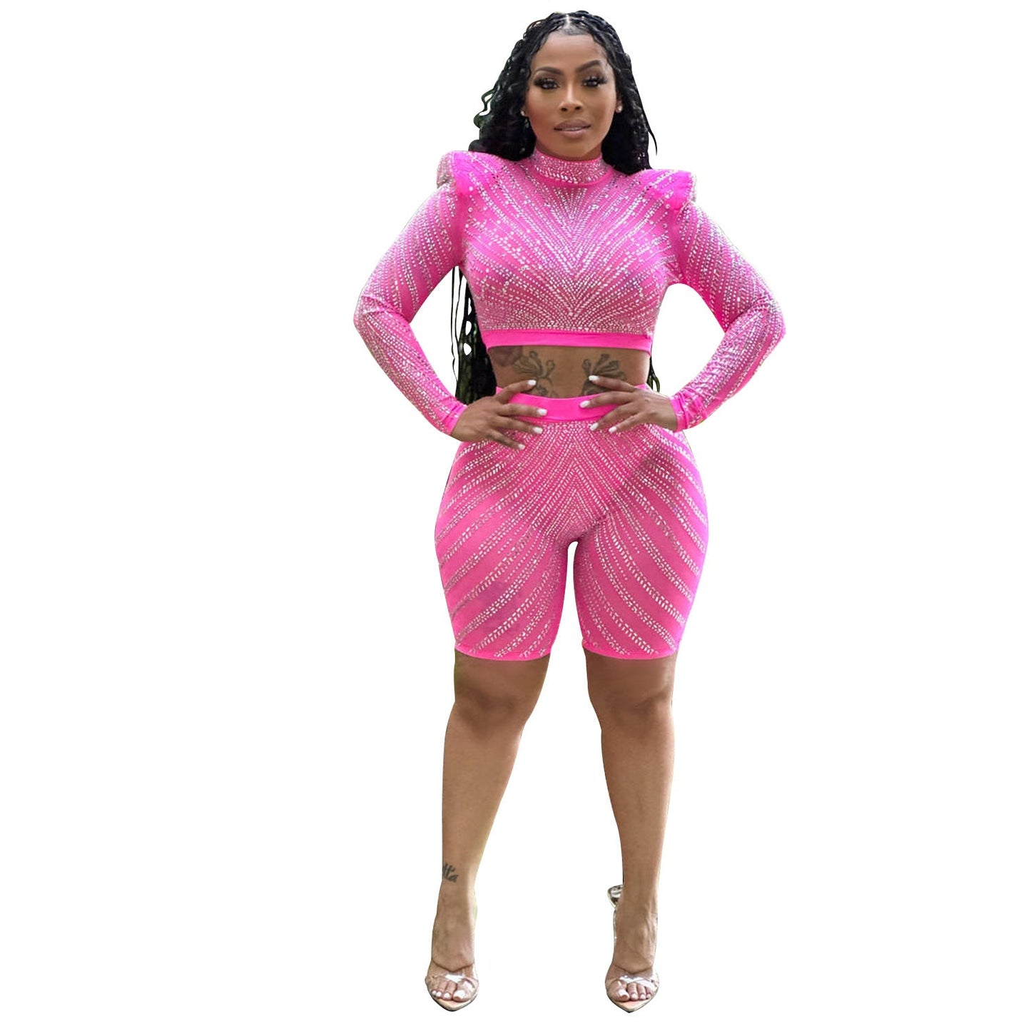 Summer Women Clothing Sexy Tight Mesh See through Long Sleeve Drilling Two Piece Set Rain Pants