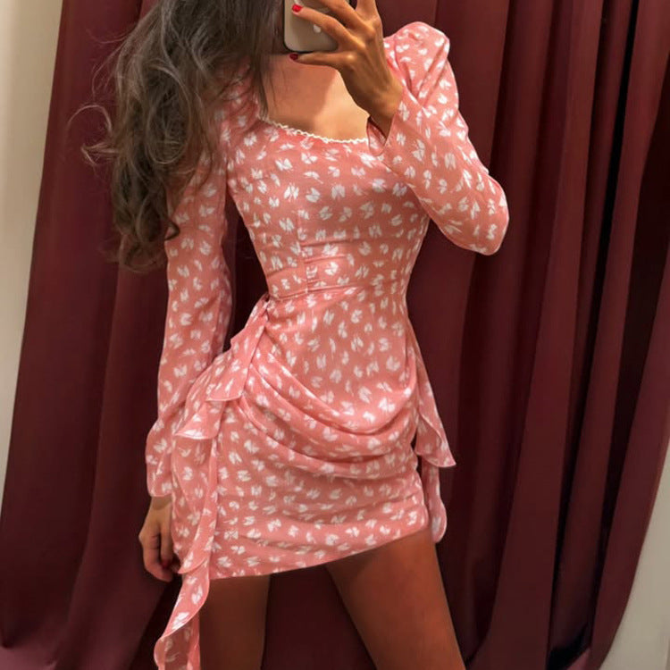 Sexy Floral Dress Women Summer Square Collar Long Sleeve Pleated High Waist Hip