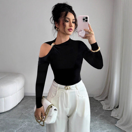 Autumn Winter Asymmetric Collar One Side off Shoulder Metal Decoration Slim Fit Slimming Top