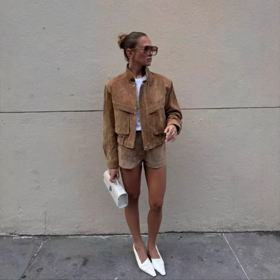 Autumn Winter Retro Suede Locomotive Clothing Jacket Coat Shorts Two Piece Sets