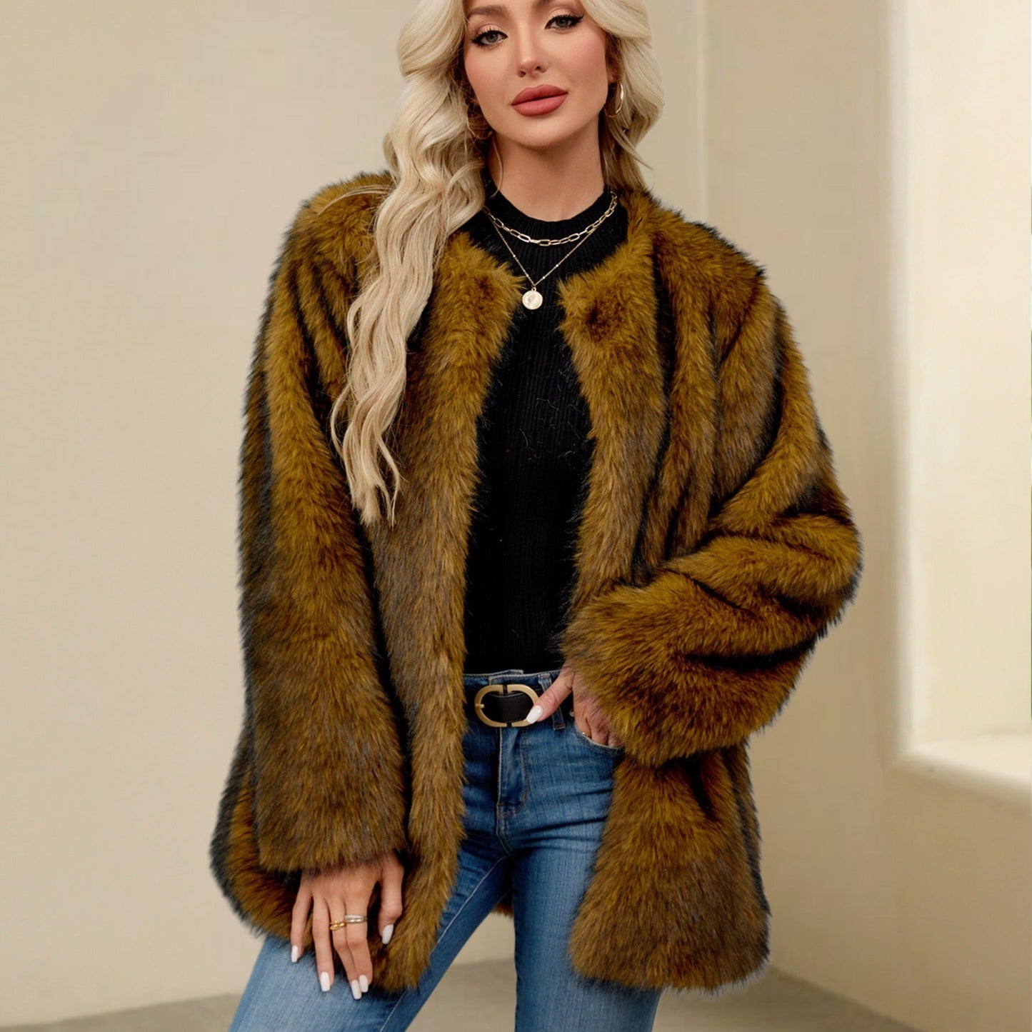 Autumn Winter Faux Fur Coat Women Loose Warm Plush Cardigan Artificial Wool Coat Overcoat