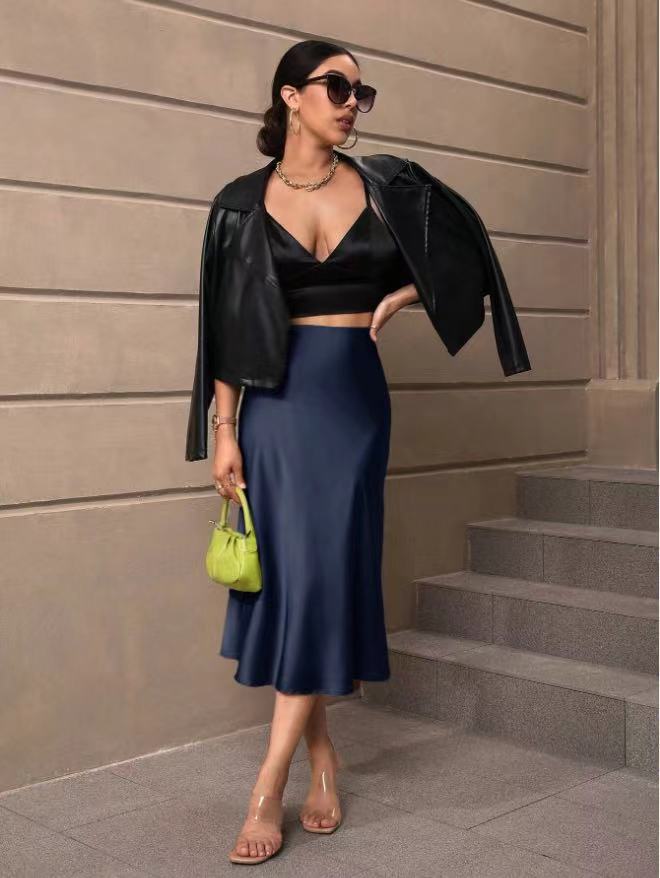 Hip Wrapped Fishtail Skirt Satin Mid Length Skirt Autumn Women Clothing Direct