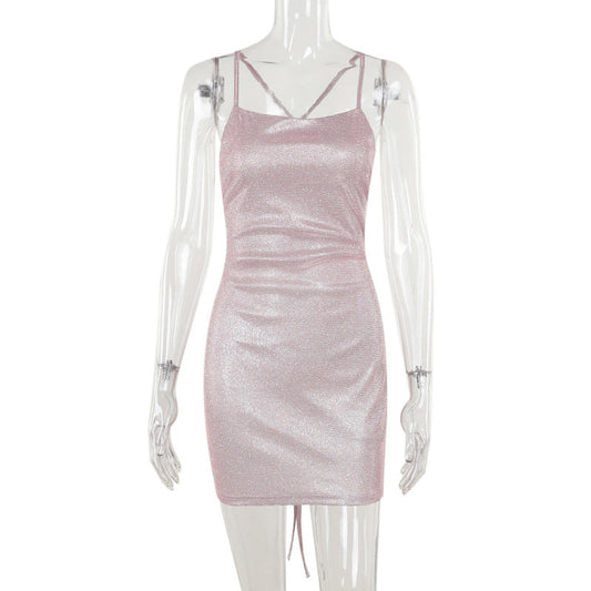 Autumn Dress Fashionable Elegant Sexy Slim Fit Shiny Backless Lace up Cami Dress