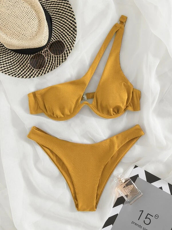 Sexy Women Seperated Swimwear Solid Color One Shoulder Underwire Bikini