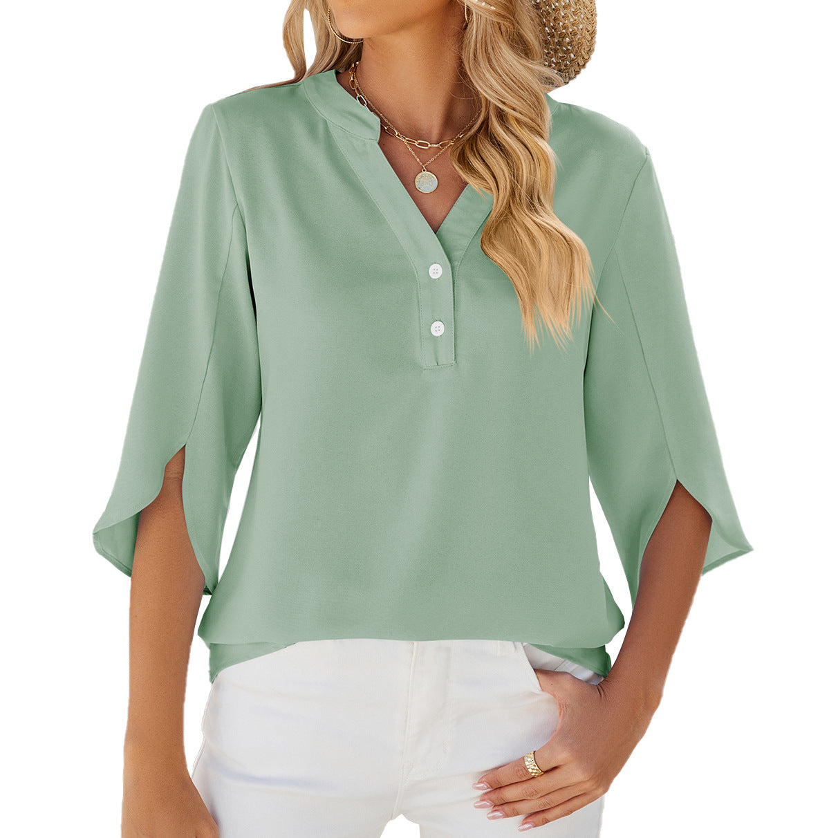 Summer Solid Color V neck Half Sleeve Chiffon Top Women Chiffon Shirt