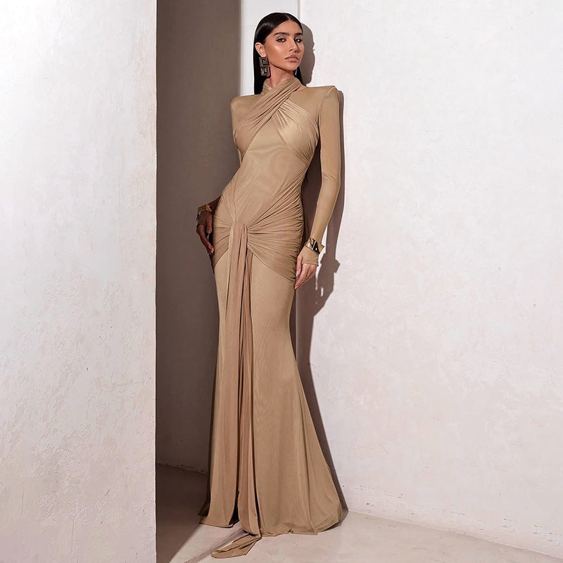 Autumn Sexy Slim Fit Streamer Long Sleeve Dress Solid Color Hip Dress Women Clothing