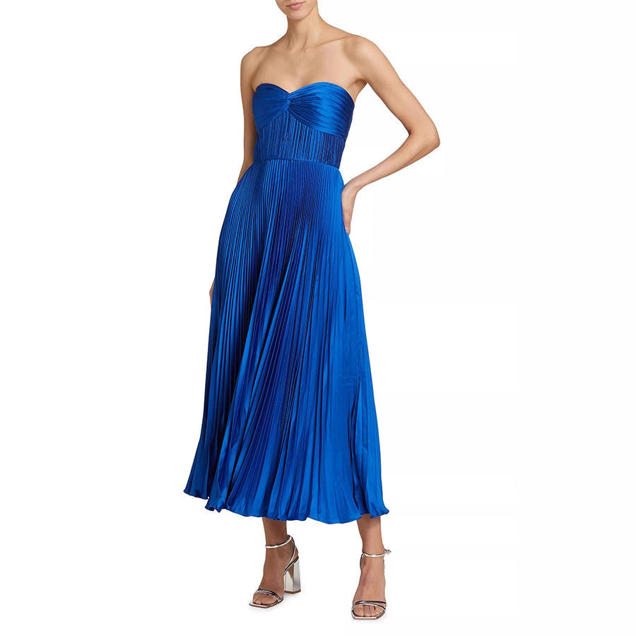 Spring Summer Pleated Wrapped Chest Satin Dress Casual Vacation Zipper Dress