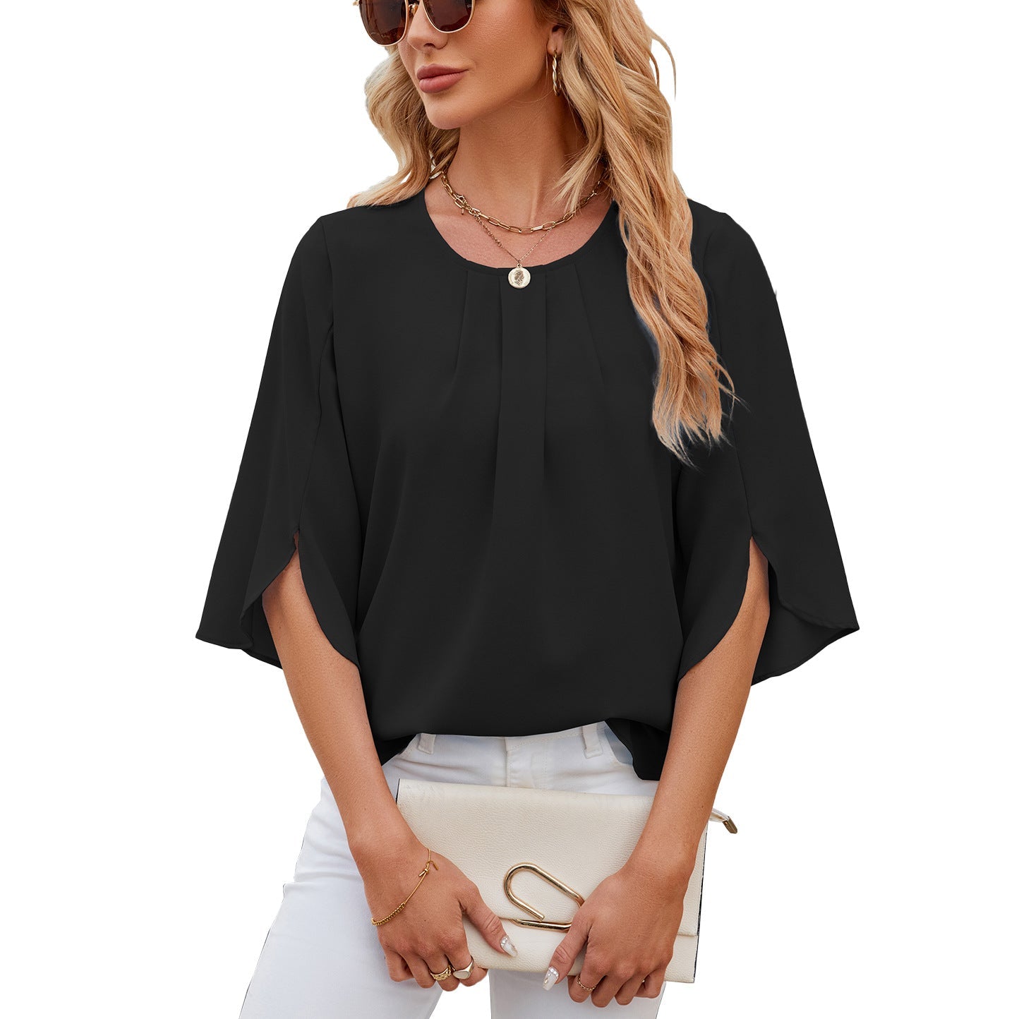 Solid Color round Neck Half Sleeve Short Sleeve Loose Chiffon Shirt Top for Women