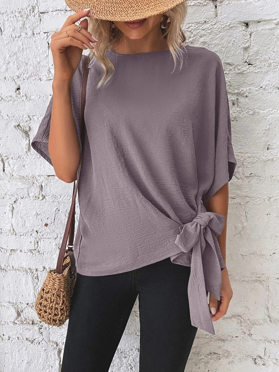 Women Clothing Summer Solid Color Batwing Sleeve Knotted Loose T Top