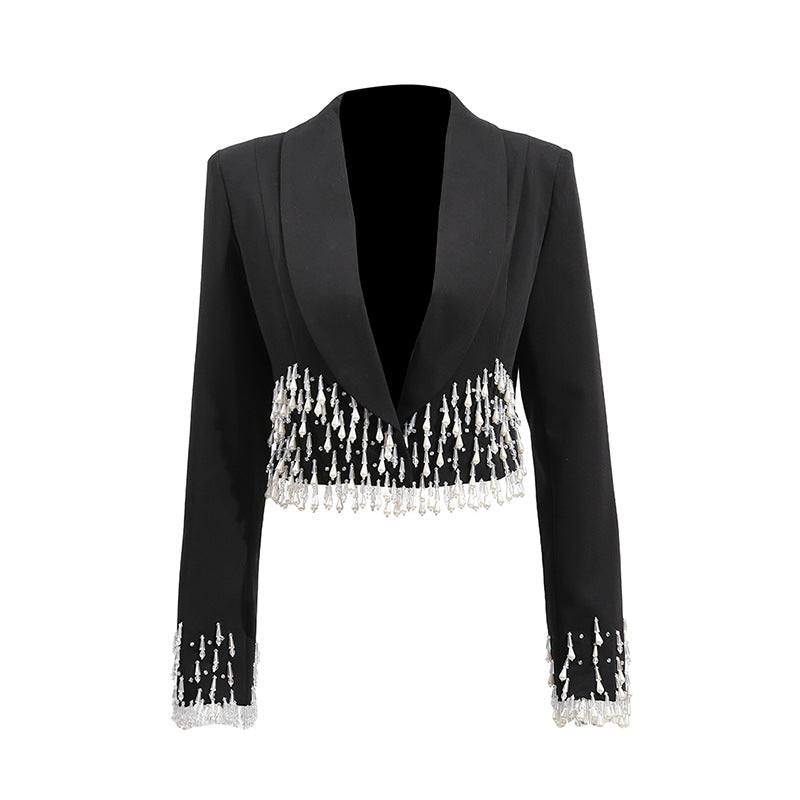 Fashionable Blazer Women Summer Heavy Industry Rhinestone Stitching Design Long Sleeve Short Small Blazers