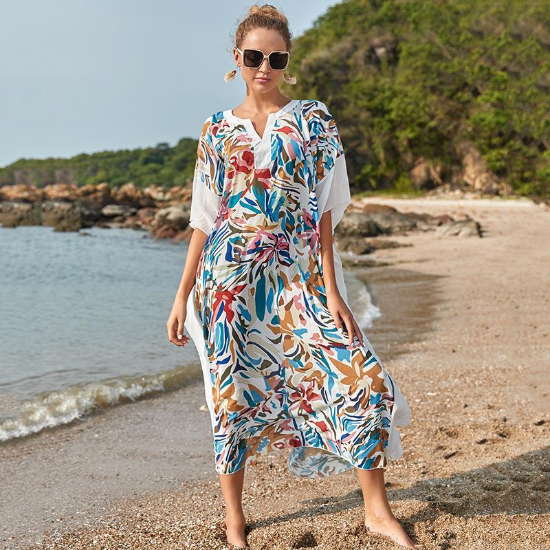 Wrinkle Solid Color Edge Robe Loose Dress Beach Sun Protection Clothing Swimsuit Bikini Cover Up Blouse