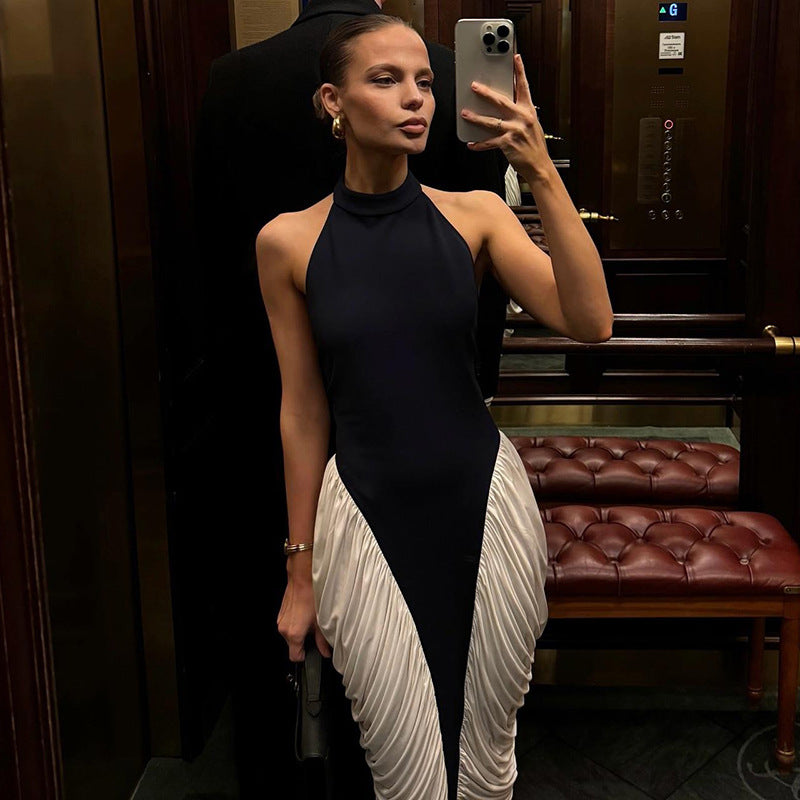 Summer Women Clothing Sexy Halter Backless Pleated Contrast Color Slim Fit Sheath Dress
