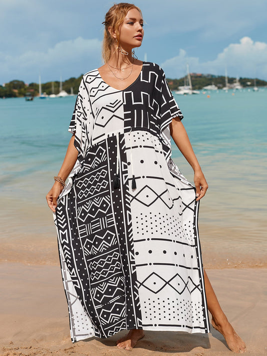 Printed Pull Belt Robe Vacation Casual Beach Bikini Cover