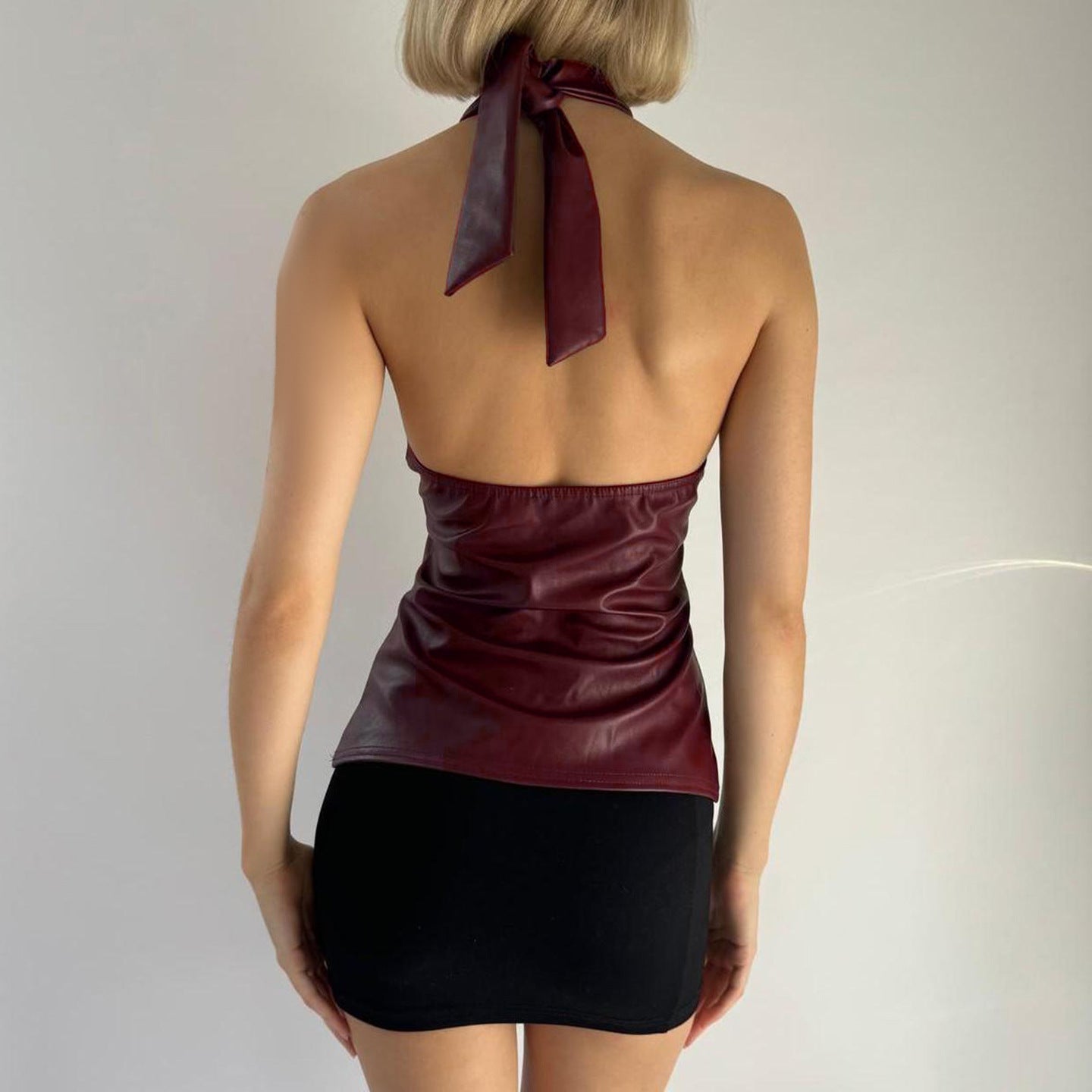 Sexy Red Leather Halter Spaghetti Straps Women Summer Slim Fit Slimming Elegant Tied Vest