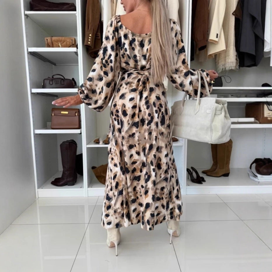 Autumn Winter Printed Waist Controlled Hem Slit Long Sleeve Dress for Women