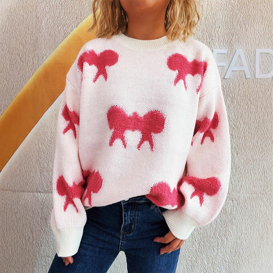 Autumn Winter Color Blocking Bow Knitted Pullover Crew Neck Casual Women Wear Sweater