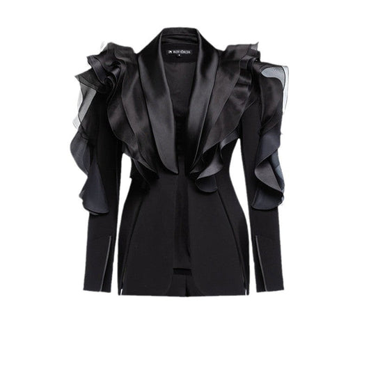 Special Interest Design High Grade Goddess Black Three Dimensional Patchwork Ruffled Blazers Asymmetric Slim Fit Thin Looking Blazers