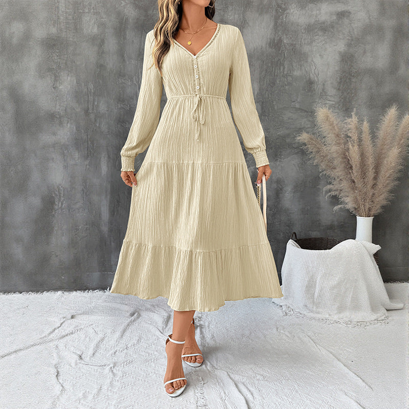 Autumn Elegant Long Sleeve Pleated V neck Solid Color Dress
