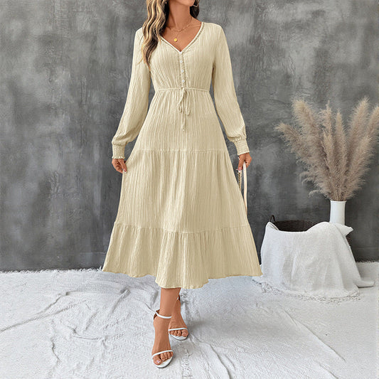 Autumn Elegant Long Sleeve Pleated V neck Solid Color Dress