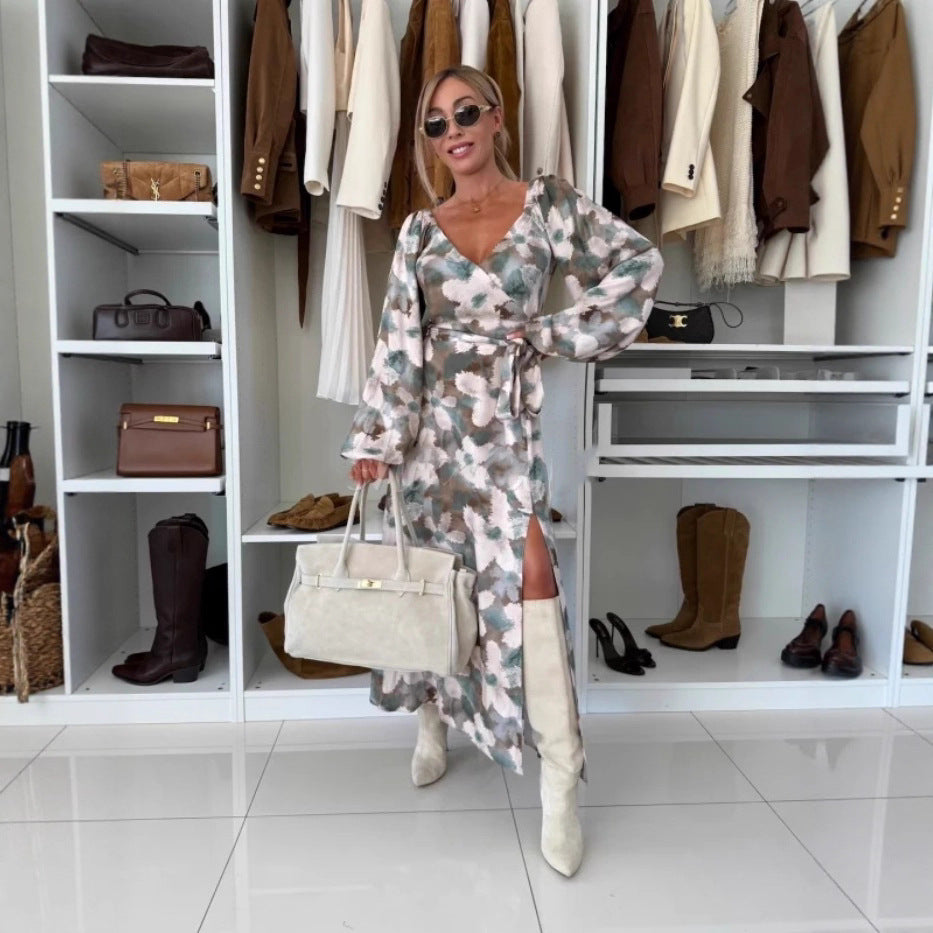 Autumn Winter Printed Waist Controlled Hem Slit Long Sleeve Dress for Women