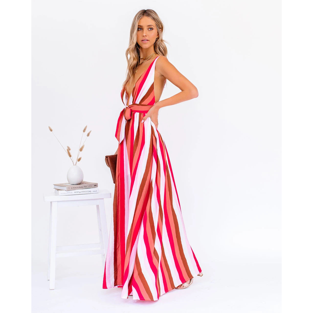 Sexy Strap Deep V Plunge Striped Casual Dress Home Loose Lace up Large Swing