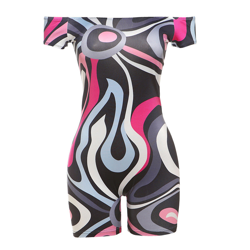 Summer Sexy off Shoulder Cinched Bodycon Hip Lifting Printed Romper