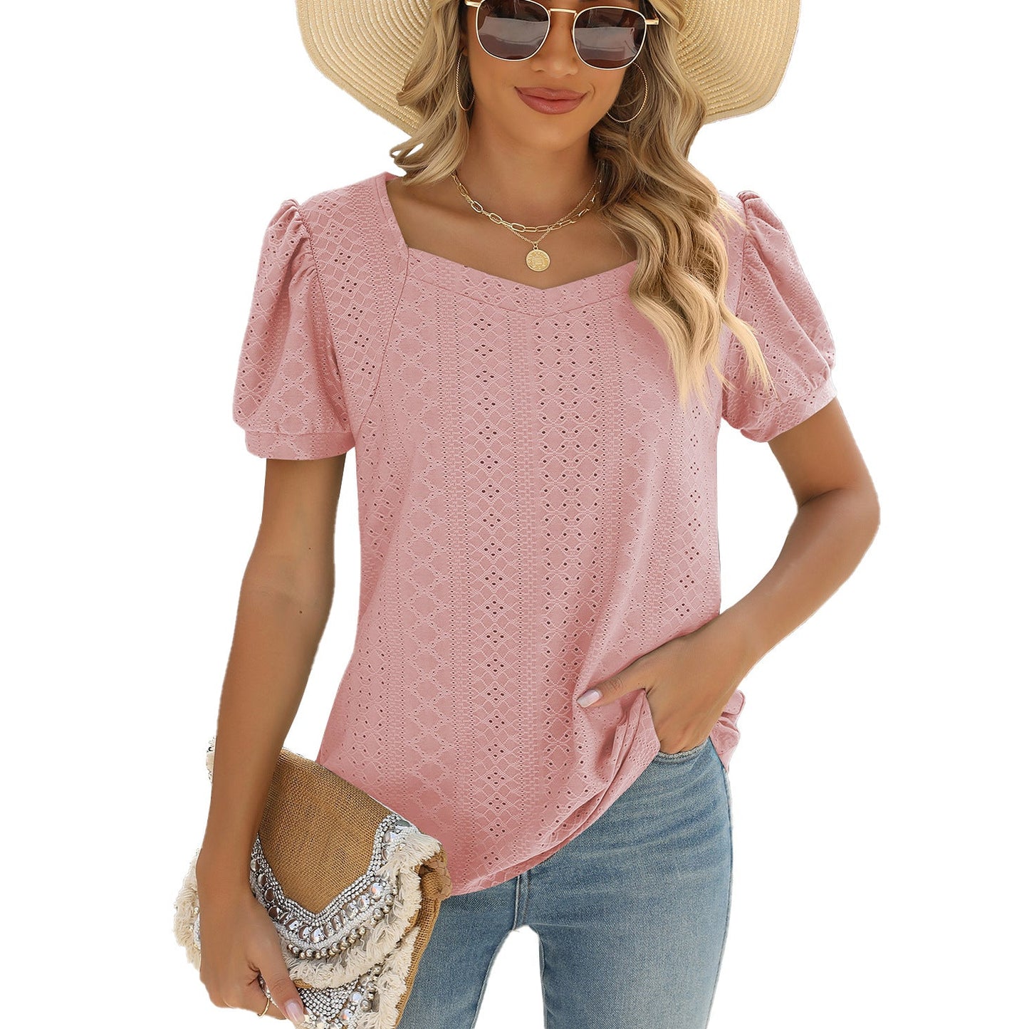 Spring Summer Solid Color Square Collar Puff Short Sleeve T Shirt Loose Top Women