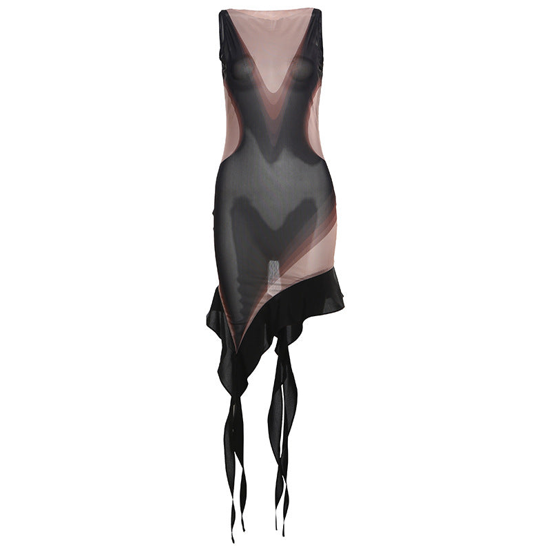 Summer Sexy See through Slim-Fit Irregular Asymmetric Sleeveless Dress Women