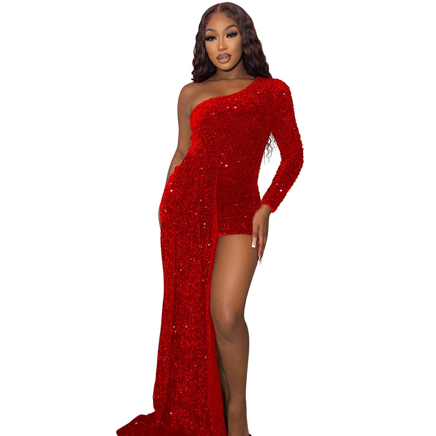 Autumn Winter Sexy Tight Shoulder Long Sleeve Sequin Large Swing Dress Women