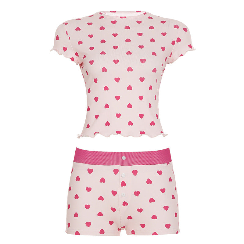 Women Clothing Heart Printing Short Sleeved Shorts Basic Casual Homewear Pajamas Two Piece Sets
