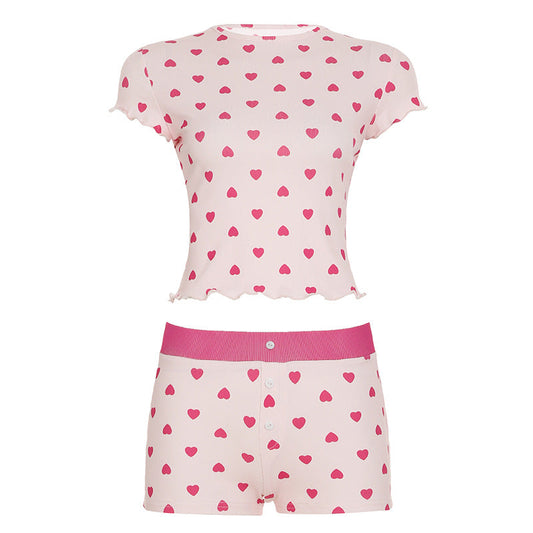 Women Clothing Heart Printing Short Sleeved Shorts Basic Casual Homewear Pajamas Two Piece Sets