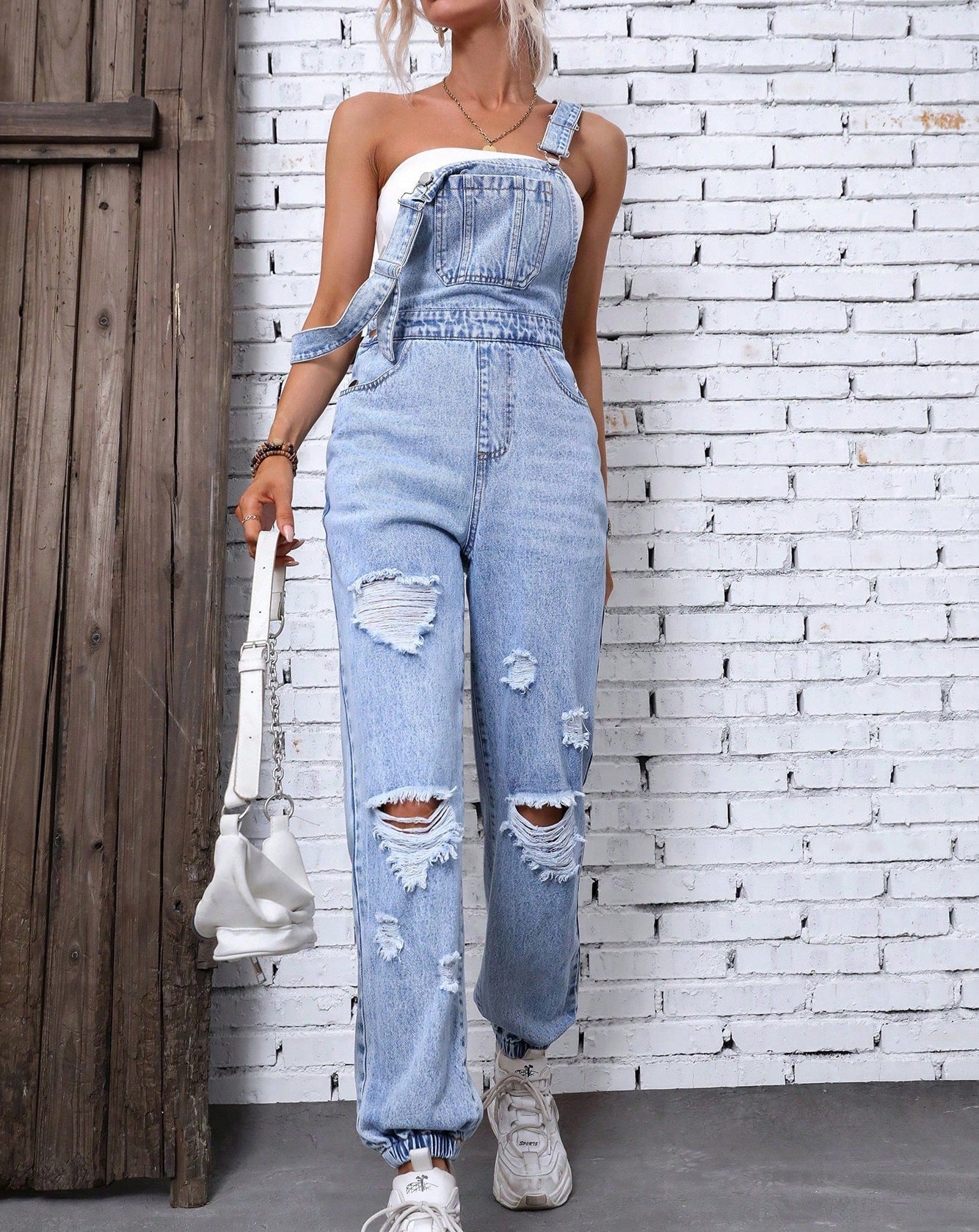 Women Clothing Shoulder Strap Hole Denim Suspenders Pants