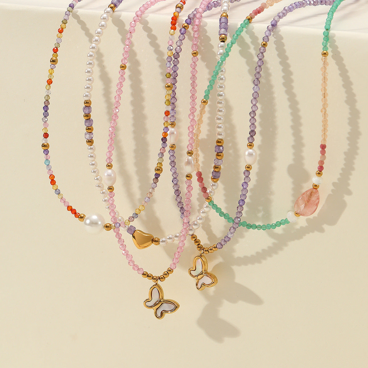 Colorful Freshwater Pearl Natural Stone Handmade Beaded Titanium Steel Necklace Niche Design Butterfly Embellished