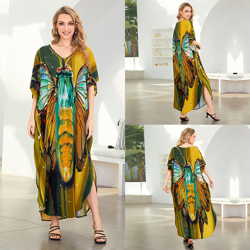 Rayon Printed Loose plus Size Robe Beach Cover up Vacation Maxi Dress Sun Protection Shirt Women