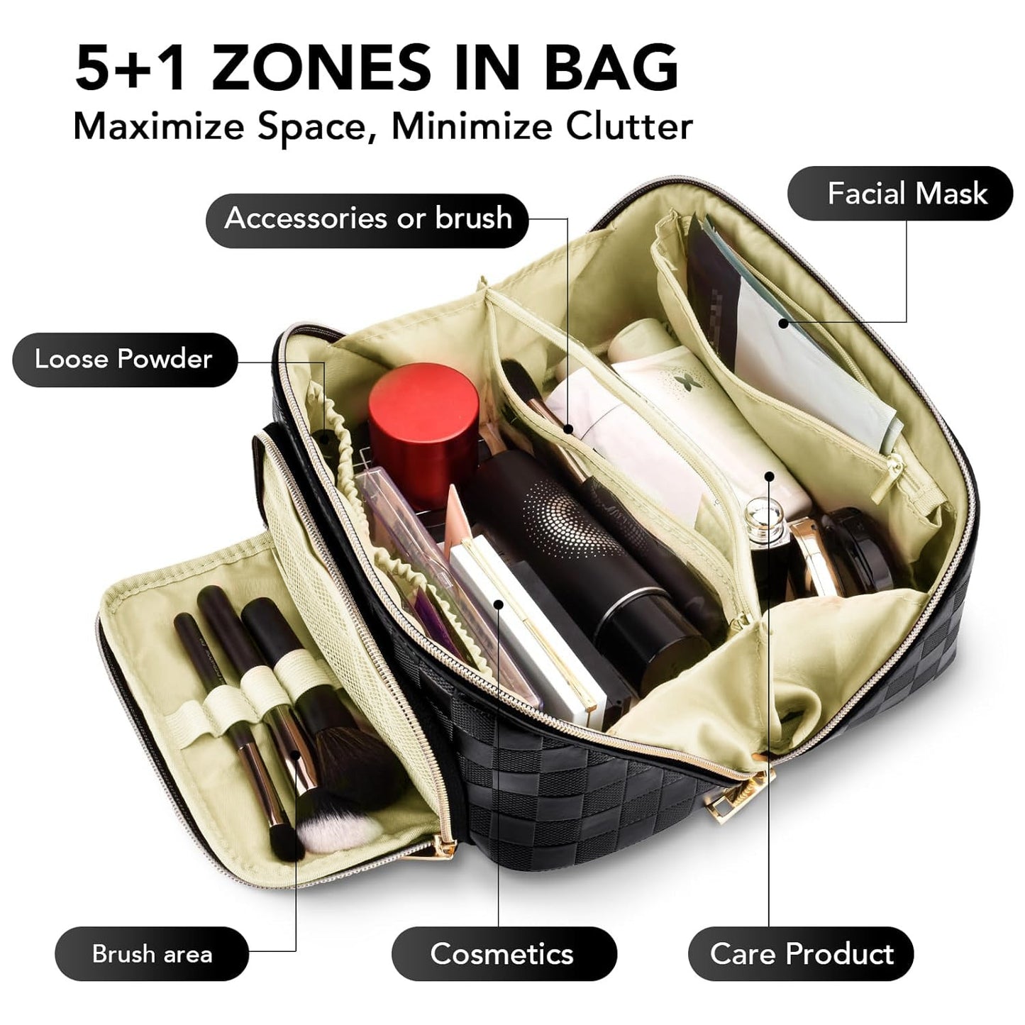 Chessboard double pillow cosmetic bag, multifunctional waterproof toilet bag, makeup bag with compartments,