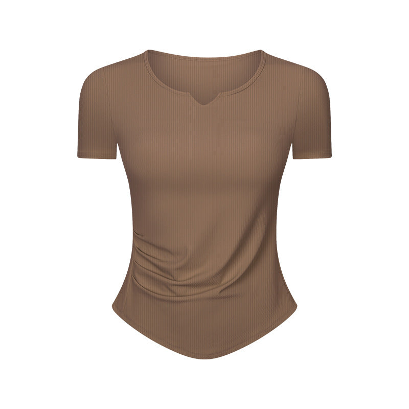 Stripe Rib Pleated Small V neck Sports Short Sleeve Women Fitness Running Slim Slimming Yoga Jacket