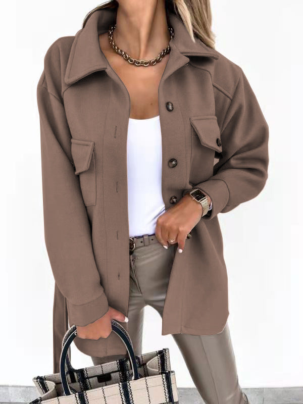 Fall Winter Lapels Single Breasted Thickened Solid Color Shirt Woolen Baggy Coat Female