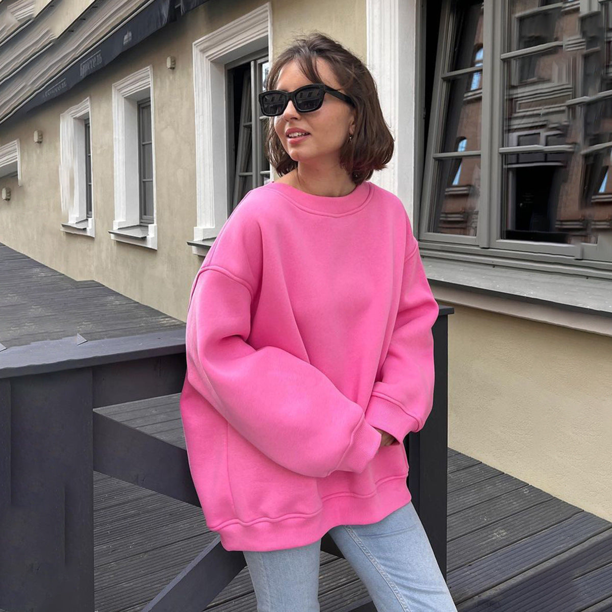 Round Neck Loose Sweatshirt Women Autumn Winter Street Solid Color Polar Fleece Pullover Sweatshirt