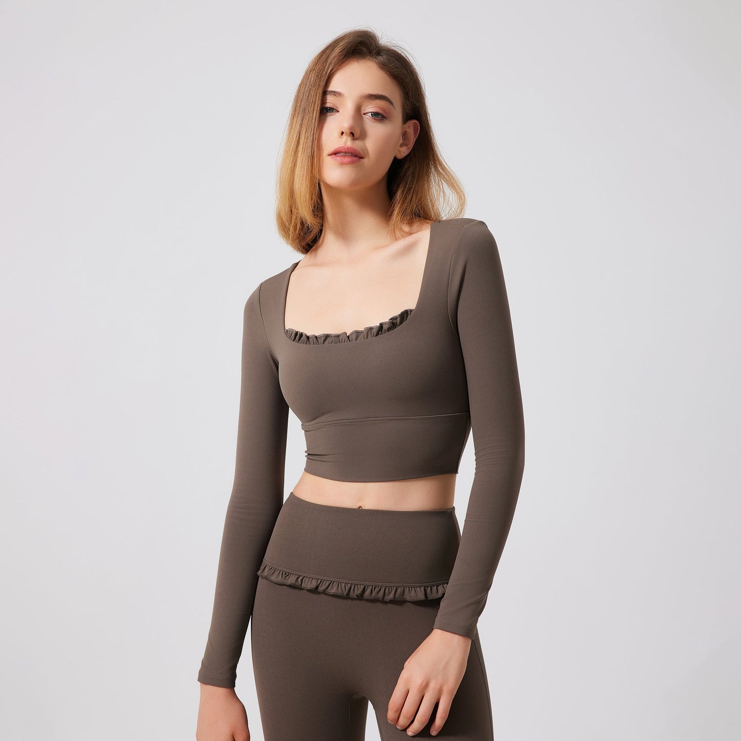 Autumn Winter Nude Feel Lace Yoga Clothes Long Sleeve Semi Fixed Cup Running Slim Sports Bra Breathable Workout Clothes Top