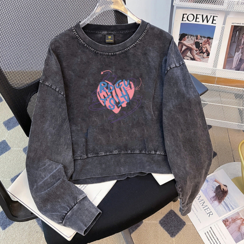 Sexy Retro Washed Short round Neck Long Sleeve Fall Winter All Match Slimming Sweatshirt T shirt Top