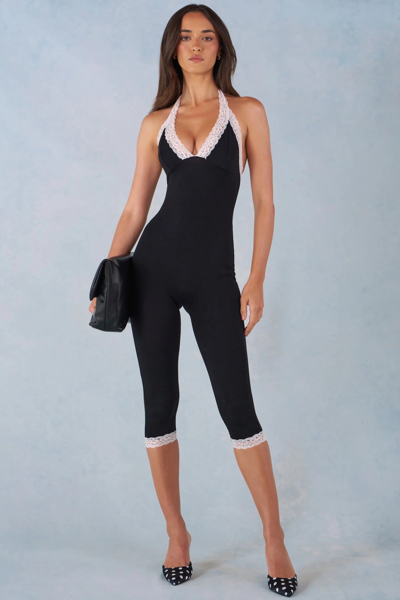 Stretch Solid Color Slim Fit Sexy Low Collar Elegant Halter Backless Lace Stitching Jumpsuit Jumpsuit