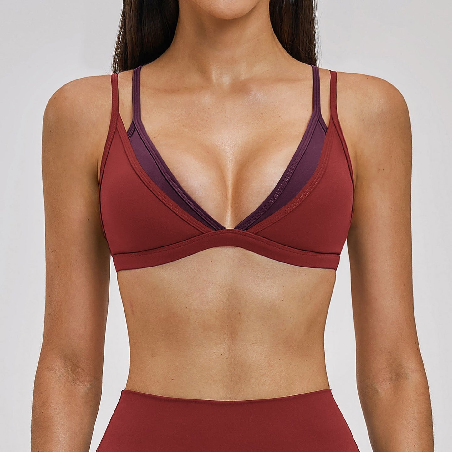 Nude Feel Beauty Back Yoga Bra Faux Two Piece Contrast Color Outdoor Casual Sports Workout Underwear Women