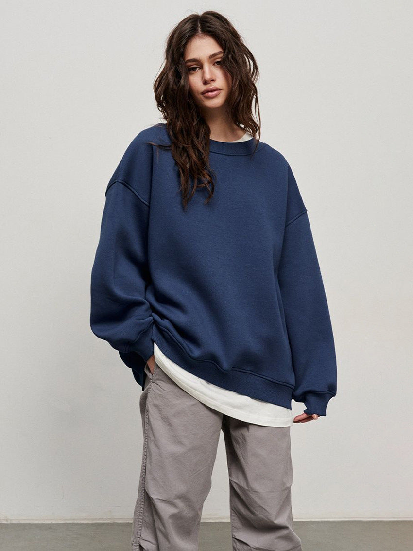 Round Neck Loose Sweatshirt Women Autumn Winter Street Solid Color Polar Fleece Pullover Sweatshirt